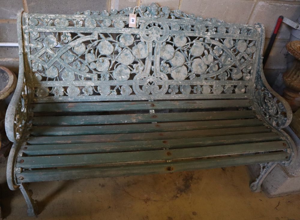 A Coalbrookdale style nasturtium pattern painted cast metal garden bench, width 132cm